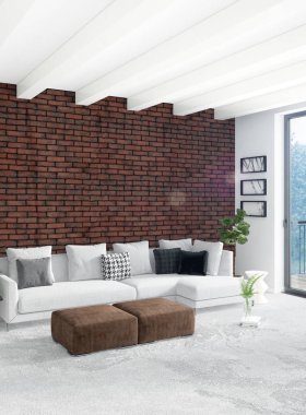 Beyaz yatak odası en az stil iç tasarım ahşap duvar ve gri Kanepeli. 3D render. 3D çizim