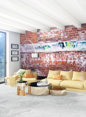 Beyaz yatak odası en az stil iç tasarım ahşap duvar ve gri Kanepeli. 3D render. 3D çizim