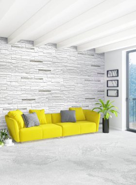 Beyaz yatak odası en az stil iç tasarım ahşap duvar ve gri Kanepeli. 3D render. 3D çizim