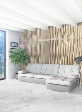 Beyaz yatak odası en az stil iç tasarım ahşap duvar ve gri Kanepeli. 3D render. 3D çizim