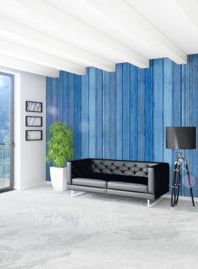 Beyaz yatak odası en az stil iç tasarım ahşap duvar ve gri Kanepeli. 3D render. 3D çizim