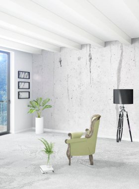 Beyaz yatak odası en az stil iç tasarım ahşap duvar ve gri Kanepeli. 3D render. 3D çizim