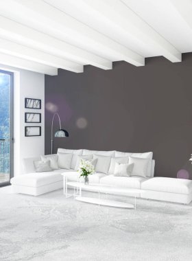 Beyaz yatak odası en az stil iç tasarım ahşap duvar ve gri Kanepeli. 3D render. 3D çizim