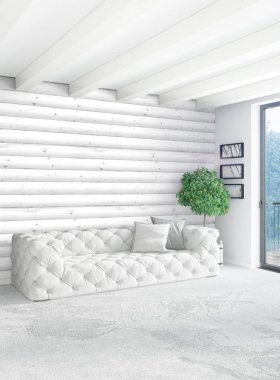 Beyaz yatak odası en az stil iç tasarım ahşap duvar ve gri Kanepeli. 3D render. 3D çizim