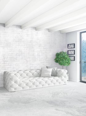 Beyaz yatak odası en az stil iç tasarım ahşap duvar ve gri Kanepeli. 3D render. 3D çizim