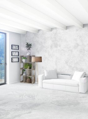 Beyaz yatak odası en az stil iç tasarım ahşap duvar ve gri Kanepeli. 3D render. 3D çizim