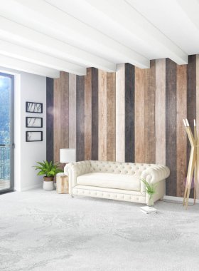 Beyaz yatak odası en az stil iç tasarım ahşap duvar ve gri Kanepeli. 3D render. 3D çizim