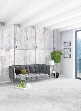 Beyaz yatak odası en az stil iç tasarım ahşap duvar ve gri Kanepeli. 3D render. 3D çizim