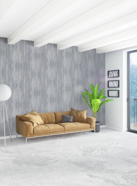 Beyaz yatak odası en az stil iç tasarım ahşap duvar ve gri Kanepeli. 3D render. 3D çizim