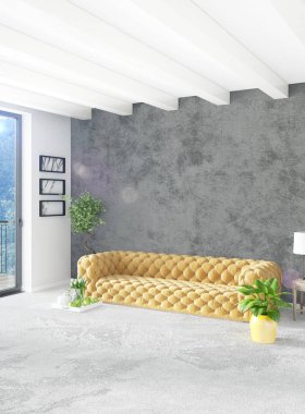 Beyaz yatak odası en az stil iç tasarım ahşap duvar ve gri Kanepeli. 3D render. 3D çizim