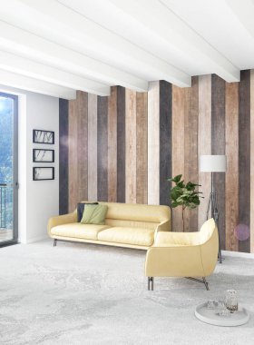 Beyaz yatak odası en az stil iç tasarım ahşap duvar ve gri Kanepeli. 3D render. 3D çizim