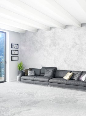 Beyaz yatak odası en az stil iç tasarım ahşap duvar ve gri Kanepeli. 3D render. 3D çizim