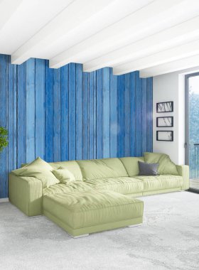 Beyaz yatak odası en az stil iç tasarım ahşap duvar ve gri Kanepeli. 3D render. 3D çizim