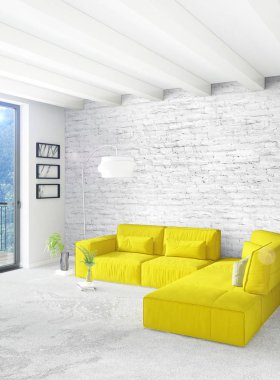 Beyaz yatak odası en az stil iç tasarım ahşap duvar ve gri Kanepeli. 3D render. 3D çizim