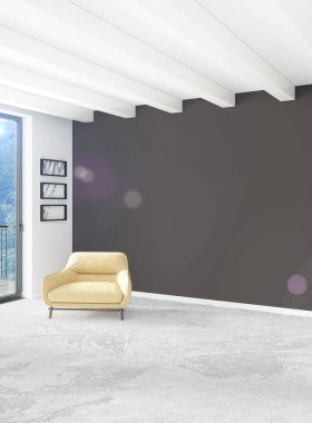 Beyaz yatak odası en az stil iç tasarım ahşap duvar ve gri Kanepeli. 3D render. 3D çizim