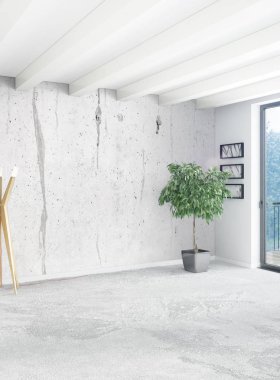 Beyaz yatak odası en az stil iç tasarım ahşap duvar ve gri Kanepeli. 3D render. 3D çizim