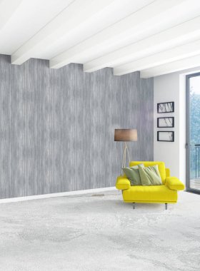 Beyaz yatak odası en az stil iç tasarım ahşap duvar ve gri Kanepeli. 3D render. 3D çizim