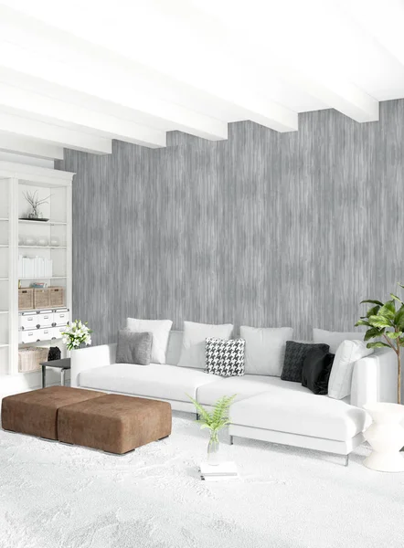 Beyaz yatak odası en az stil iç tasarım ahşap duvar ve gri Kanepeli. 3D render. 3D çizim