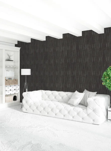 Beyaz yatak odası en az stil iç tasarım ahşap duvar ve gri Kanepeli. 3D render. 3D çizim