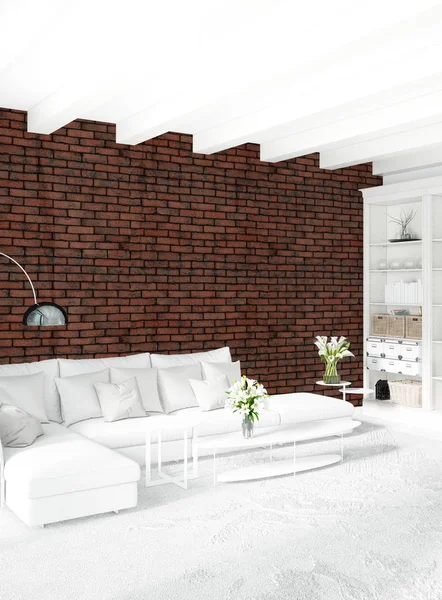 Chambre blanche style minimal Design intérieur avec mur en bois et canapé gris. Rendu 3D. Illustration 3D — Photo