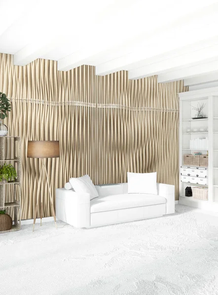 Beyaz yatak odası en az stil iç tasarım ahşap duvar ve gri Kanepeli. 3D render. 3D çizim