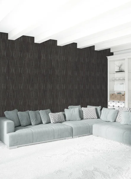 Beyaz yatak odası en az stil iç tasarım ahşap duvar ve gri Kanepeli. 3D render. 3D çizim