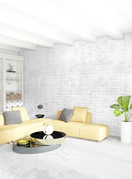 Beyaz yatak odası en az stil iç tasarım ahşap duvar ve gri Kanepeli. 3D render. 3D çizim