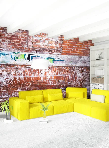 Beyaz yatak odası en az stil iç tasarım ahşap duvar ve gri Kanepeli. 3D render. 3D çizim