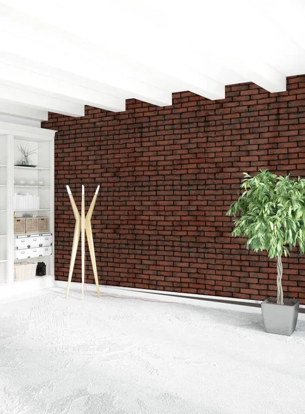 Beyaz yatak odası en az stil iç tasarım ahşap duvar ve gri Kanepeli. 3D render. 3D çizim