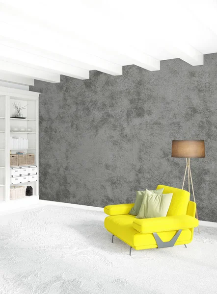 Beyaz yatak odası en az stil iç tasarım ahşap duvar ve gri Kanepeli. 3D render. 3D çizim