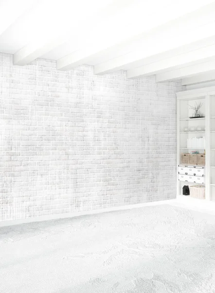 Beyaz yatak odası en az stil iç tasarım ahşap duvar ve gri Kanepeli. 3D render. 3D çizim