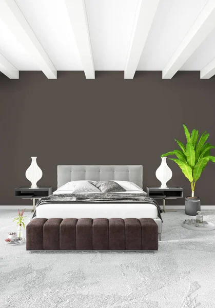 Beyaz yatak odası en az stil iç tasarım ahşap duvar ve gri Kanepeli. 3D render. 3D çizim