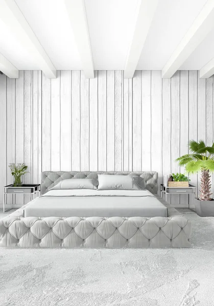 Fehér hálószoba minimál stílusú belső kialakítással és fából készült fal és a kanapé szürke. 3D-leképezést. 3D-s illusztráció — Stock Fotó