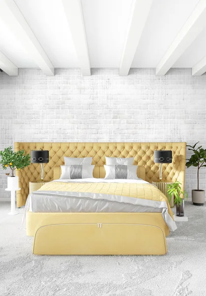 Beyaz yatak odası en az stil iç tasarım ahşap duvar ve gri Kanepeli. 3D render. 3D çizim