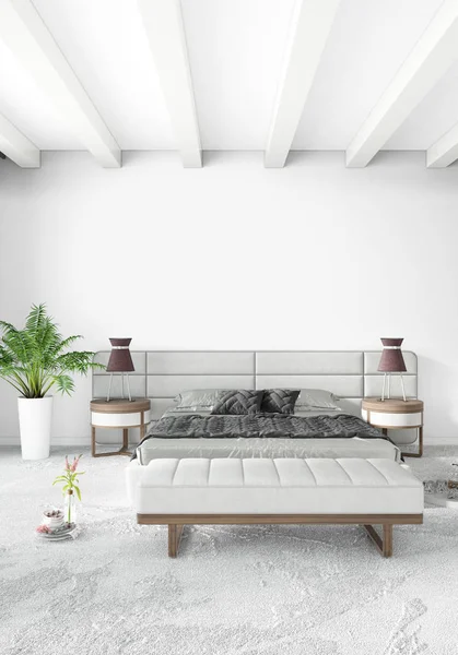 Beyaz yatak odası en az stil iç tasarım ahşap duvar ve gri Kanepeli. 3D render. 3D çizim