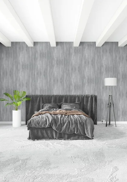 Beyaz yatak odası en az stil iç tasarım ahşap duvar ve gri Kanepeli. 3D render. 3D çizim