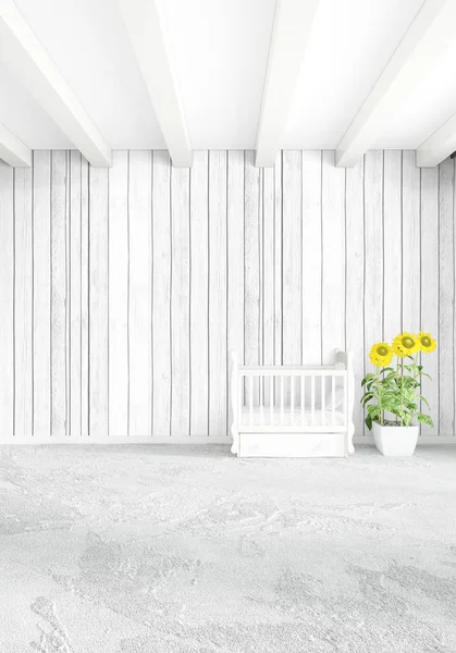 Beyaz yatak odası en az stil iç tasarım ahşap duvar ve gri Kanepeli. 3D render. 3D çizim