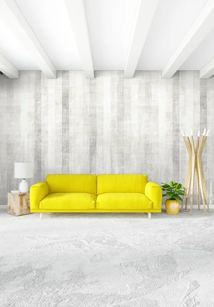 Beyaz yatak odası en az stil iç tasarım ahşap duvar ve gri Kanepeli. 3D render. 3D çizim