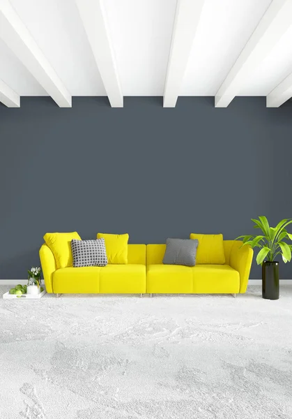 Weißes Schlafzimmer minimalistisches Interieur mit Holzwand und grauem Sofa. 3D-Darstellung. 3D-Illustration — Stockfoto