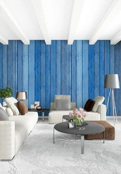 Quarto branco estilo mínimo Design de interiores com parede de madeira e sofá cinza. Renderização 3D. Ilustração 3D — Fotografia de Stock