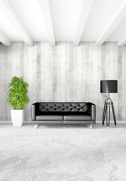 Beyaz yatak odası en az stil iç tasarım ahşap duvar ve gri Kanepeli. 3D render. 3D çizim