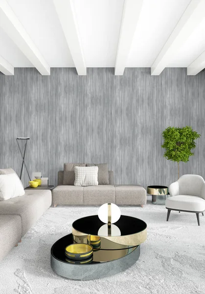 Beyaz yatak odası en az stil iç tasarım ahşap duvar ve gri Kanepeli. 3D render. 3D çizim