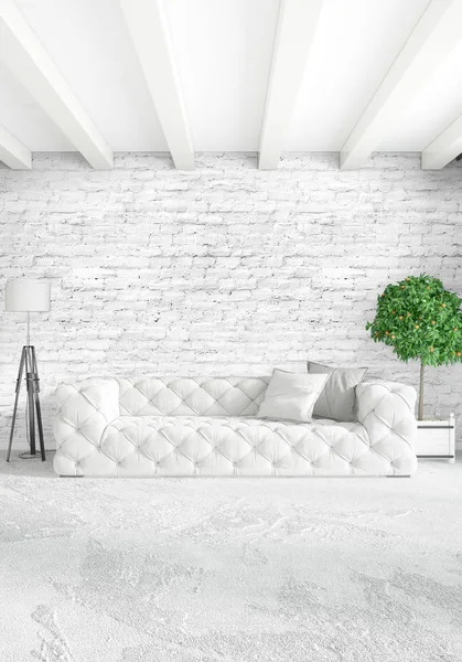 Beyaz yatak odası en az stil iç tasarım ahşap duvar ve gri Kanepeli. 3D render. 3D çizim