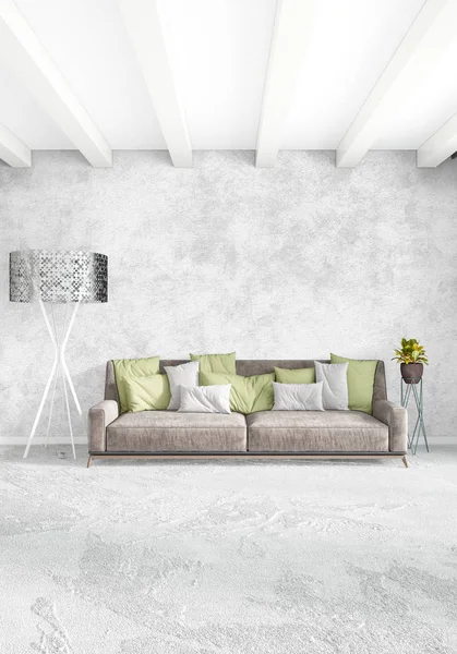 Beyaz yatak odası en az stil iç tasarım ahşap duvar ve gri Kanepeli. 3D render. 3D çizim