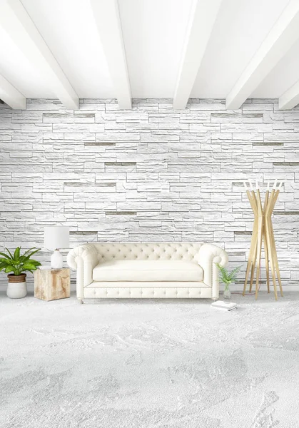 Beyaz yatak odası en az stil iç tasarım ahşap duvar ve gri Kanepeli. 3D render. 3D çizim