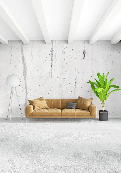 Beyaz yatak odası en az stil iç tasarım ahşap duvar ve gri Kanepeli. 3D render. 3D çizim