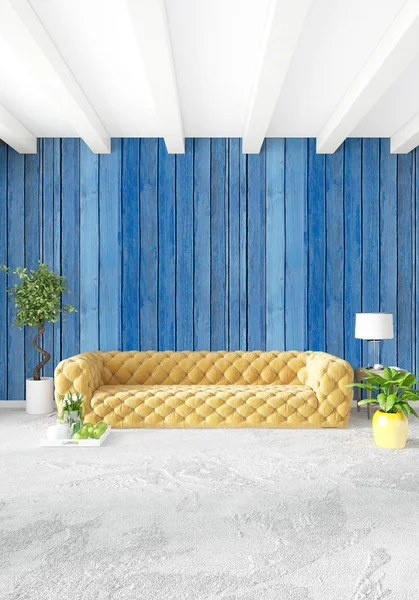 Beyaz yatak odası en az stil iç tasarım ahşap duvar ve gri Kanepeli. 3D render. 3D çizim