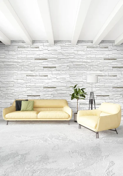 Beyaz yatak odası en az stil iç tasarım ahşap duvar ve gri Kanepeli. 3D render. 3D çizim