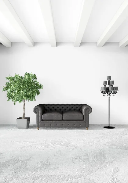 Beyaz yatak odası en az stil iç tasarım ahşap duvar ve gri Kanepeli. 3D render. 3D çizim