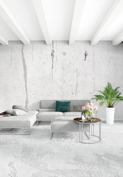 Beyaz yatak odası en az stil iç tasarım ahşap duvar ve gri Kanepeli. 3D render. 3D çizim